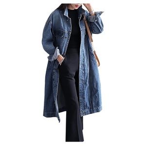 Long Jean Jacket Plus Size Loose Long Sleeve Button Down Denim Jacket